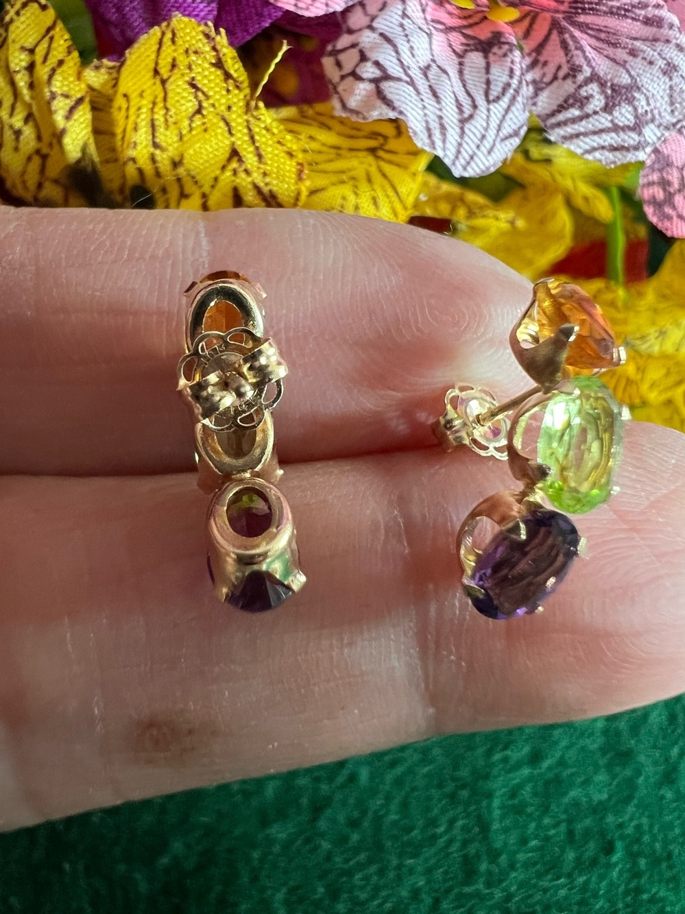14k Solid Yellow Gold Multicolor Gemstone Earrings - Picture 4 of 12